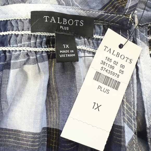 Talbots Smocked Top 1X Tinsel Tartan Plaid Blue White Gold 3/4 Sleeve Plus Size - Picture 6 of 10